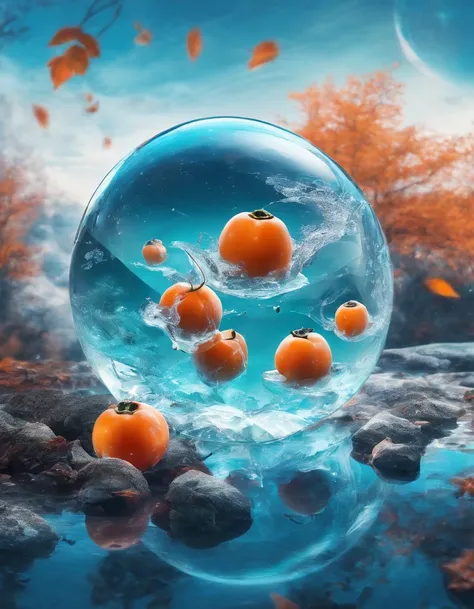 Glass-transparent persimmons float on the surface of crystal clear water, icecreen，late autumn, Blue sky,