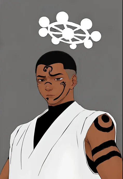 homem de pele morena, cabelo preto, roupa branca, Jujutsu Kaisen Anime-style face and arm tattoos