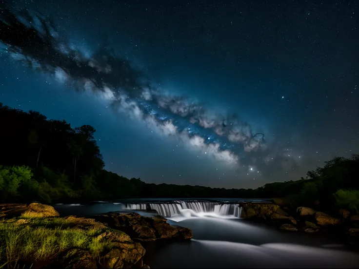 Night photography, a beautiful and tall waterfall with an unusual sky view, a full moon and the milky way.