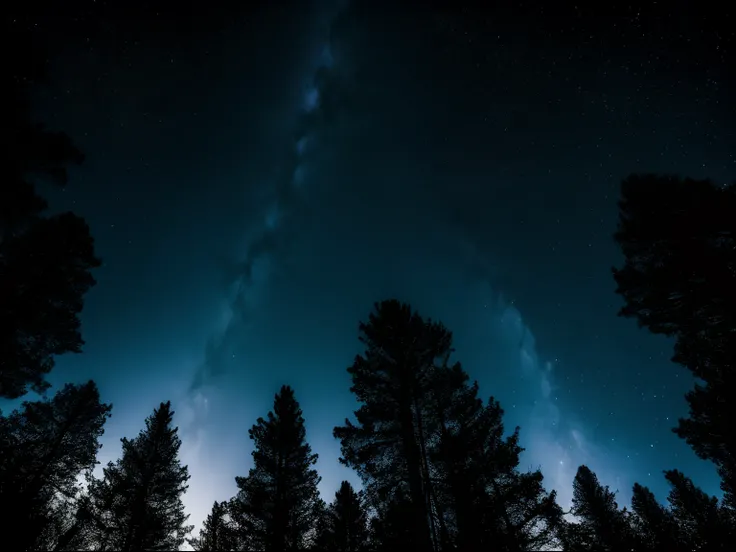 Night photography, a beautiful and misty forest, view from below, with an unusual sky view, a full moon and the milky way.