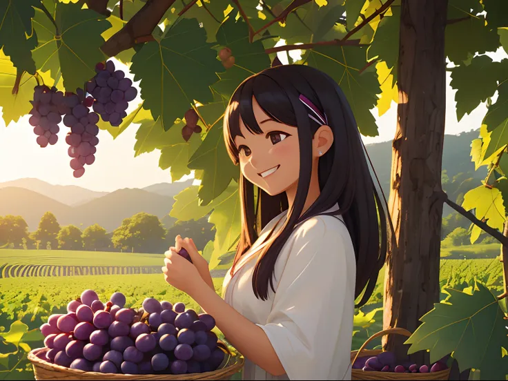 Octane Render、(Hyper-detailing: 1.15)、(Soft light、sharp: 1.2)、morning、Harvesting grapes, Enjoy grape picking、Distinctive ethnic hair ornaments、 Fuji Film, F/4.0, masutepiece, Anatomically correct、A smile, radiant light