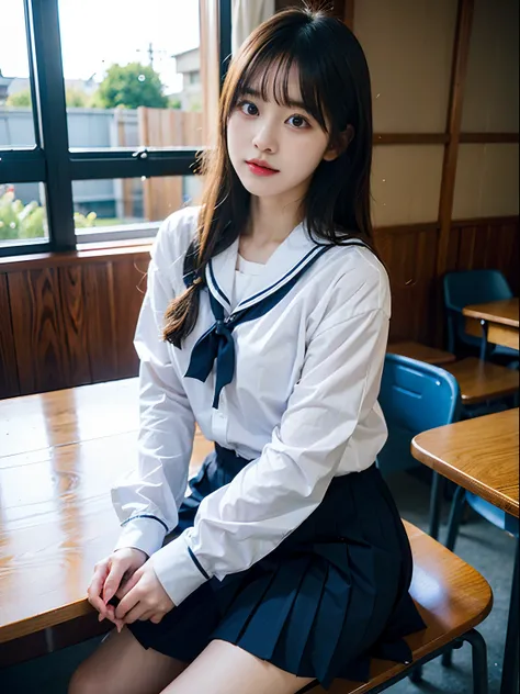 Woman in arafly clothes sitting on chair in school uniform, Korean Girl, jaeyeon nam, captured on canon eos r 6, Sailor Uniform, Cute Schoolgirl, a hyperrealistic schoolgirl, taken with canon 5d mk4, a hyperrealistic schoolgirl, girl wearing school uniform...