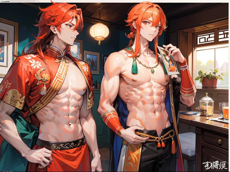 ((Masterpiece, Highest quality)), Detailed face, character design sheet，full body esbian, Full of details, frontal body view, back body view, Highly detailed, Depth, Many parts, Muscle boy with long orange hair，handsome man,  Traditional chinese clothes, G...