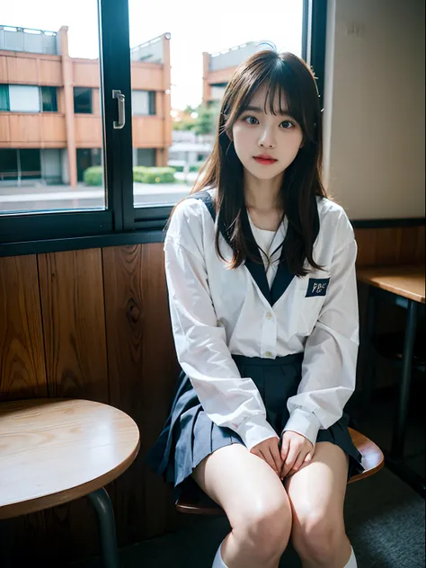 Woman in arafly clothes sitting on chair in school uniform, Korean Girl, jaeyeon nam, captured on canon eos r 6, Sailor Uniform, Cute Schoolgirl, a hyperrealistic schoolgirl, taken with canon 5d mk4, a hyperrealistic schoolgirl, girl wearing school uniform...