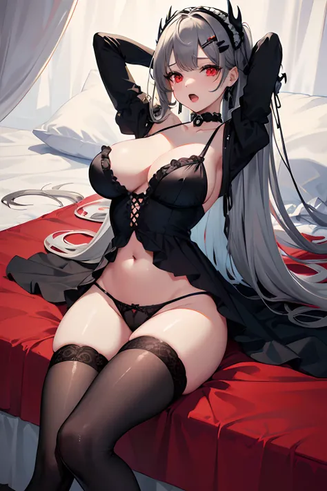 8k, highres, ultra detailed, (masterpiece:1.4),, 1girl , bed sheet , black choker , black thighhighs , breasts , frills , grey hair , hair ornament , hairclip , long hair , looking at viewer , on bed , open mouth , pillow , red eyes , solo , thighhighs