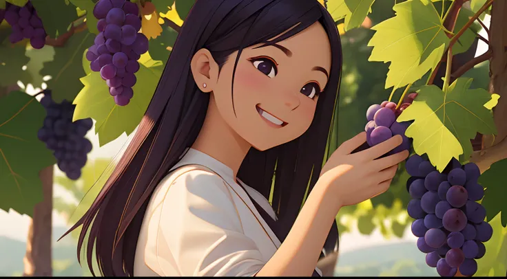 Octane Render、(Hyper-detailing: 1.15)、(Soft light、sharp: 1.2)、morning、Harvesting grapes, Enjoy grape picking、Distinctive ethnic hair ornaments、 Fuji Film, F/4.0, masutepiece, Anatomically correct、A smile, radiant light