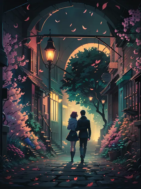 High quality design vector style image,graphic art black background of a romantic couple art style, bright and realistic colors, style love is in the air, fantasy style scenery digital art, alley, lamps, (anime style), cold colors, nature and plants, moonl...