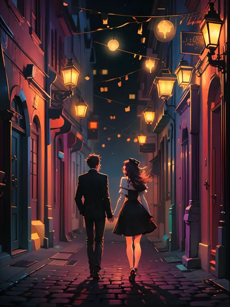 High quality design vector style image,graphic art black background of a romantic couple art style, bright and realistic colors, style love is in the air, fantasy style scenery digital art, alley, lamps,