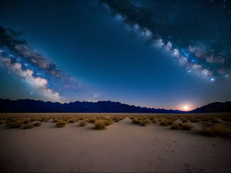 Night photography, Death Valley, USA, view from below, with an unusual sky view, a full moon and the milky way.