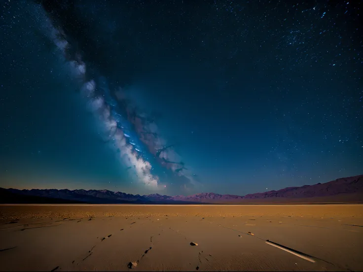 Night photography, Death Valley, USA, view from below, with an unusual sky view, a full moon and the milky way.