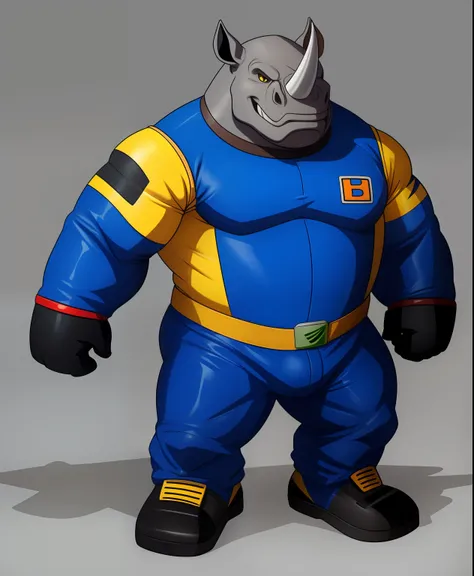 Turbo Tusk the male rhino supervillain, car themed costume, racecar helmet, full body view