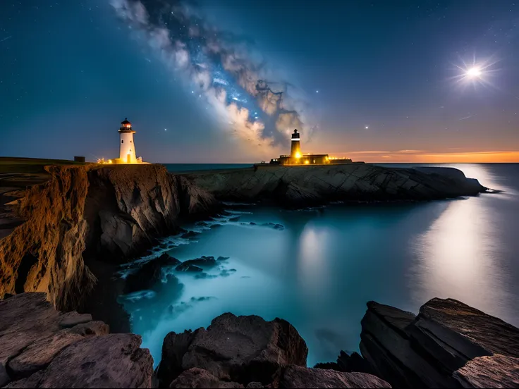 Night photography, a beautiful cliff with a lighthouse , with an unusual sky view, a full moon and the milky way, reflections