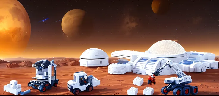 On the surface of Mars，White 3D printer printing red Lego bricks，There is a square indenter above the printer，Used to press bricks，Some bricks are placed on a platform below the indenter，There are white forklifts for red brick transportation，There are also...