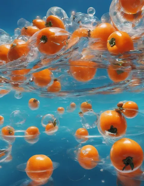 Glass-transparent persimmons float on the clear water, icecreen，Late autumn, Blue sky,