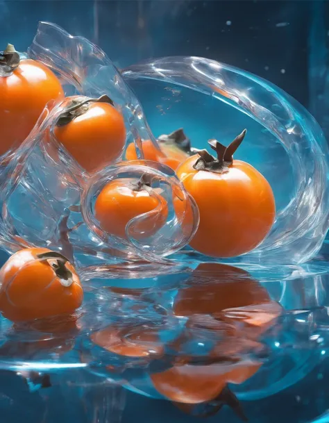 Glass-transparent persimmons float on the clear water, icecreen，Late autumn, Blue sky,