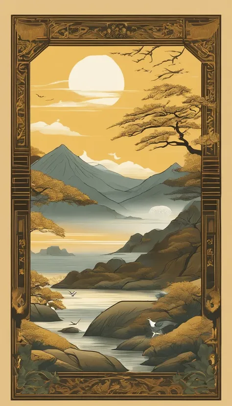 Mountain and Sea Skylark Scroll，There are mountains and waters in the picture，rios、grassy fields、Sun，Shirasawa、Many ancient mythical beasts such as the zodiac are haunted，Epic composition，shadowing，National style，Light yellow tone，Gold elements