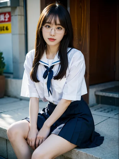 woman in arafly clothes sitting on chair in school uniform, korean girl, jaeyeon nam, captured on canon eos r 6, sailor uniform,...