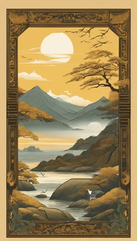 Mountain and Sea Skylark Scroll，There are mountains and waters in the picture，rios、grassy fields、Sun，Shirasawa、Many ancient mythical beasts such as the zodiac are haunted，Epic composition，shadowing，National style，Light yellow tone，Gold elements