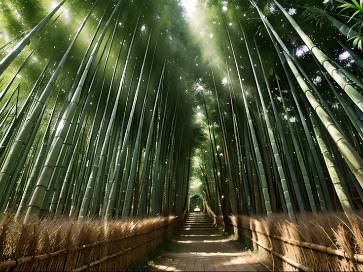 hiquality,Ephemeral、Bamboo bushes blocking the light、bamboo forrest、Looking up angle、fish-eye lens