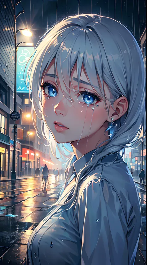 (realistic,portrait:1.2,blue eyes:1.1,teardrops on the face,rain,raindrops,streetlights:1.1,urban,beach,high quality:1.2), detailed facial features, wet hair, shining skin, delicate facial expressions, gentle breeze, vibrant colors, dramatic lighting