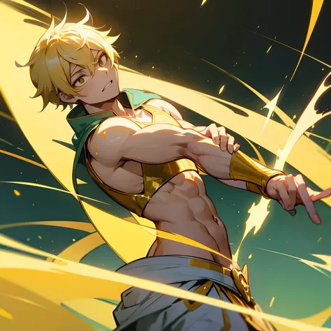 Boku no hero academia, homem jovem, alto e branco, cabelos castanhos e cacheados na altura do ombro, Belly dancing costume in shades of yellow and gold, espada longa e prata, adornos prateados, aura verde claro, fundo de cidade, Impassive face, garoto boni...