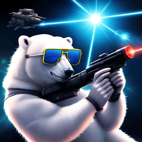 Sunglasses wearing polar bears shooting laser guns, fantasy art, 80’s, sci-fi, outer space