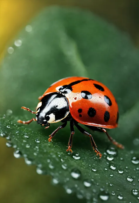 Cute little lady bug in a black coloured leaf, bug is smoothy, the leaf bearing a number of water drops on it, photo realistic, 4k, highly detailed, yellowish background, cool colour, Macro photography, close-up, hyper detailed, trending on artstation, sha...