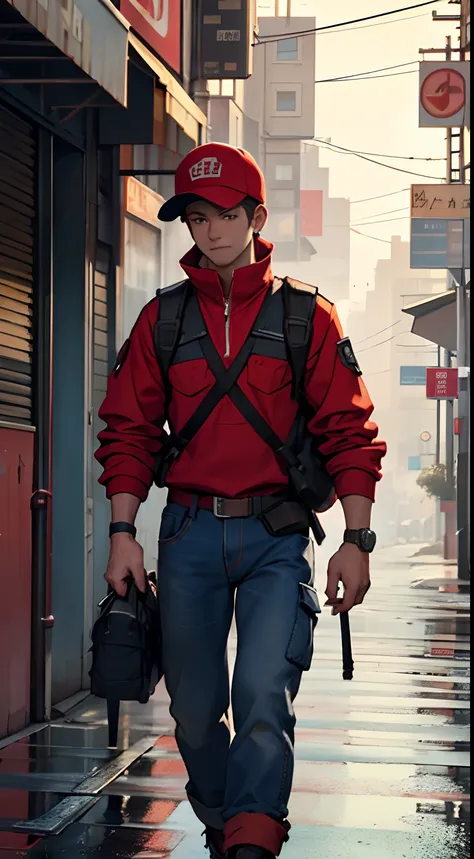 1 wearing a red cap，Wear a red long-sleeved top，blue denim pants，Toolbox in hand，Handheld toolbox，Carrying a rucksack，Male engineers，engineer，Walk on the roads of the city，street，The character is far away from the camera