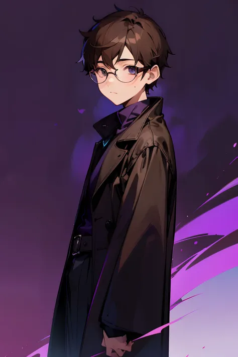 a young boy, short brown hair, glasses, black overcoat, purple background.