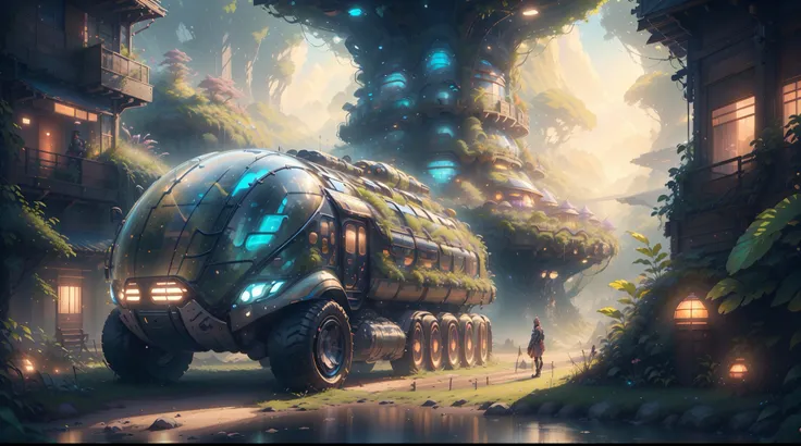 concept-art, best qualtiy，tmasterpiece，超高分辨率，photograph realistic：1.4， ultra-detailliert，[A futuristic(SolarpunkAI:RV),Colorful LED lights,Smooth curves,(streamlined line design)]。cozily, camping, Reflection,Surrounded by nature,lush landscape。