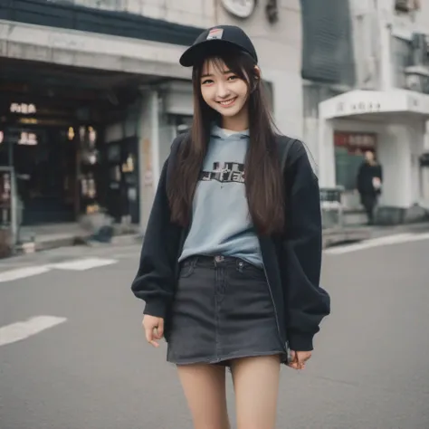 photo of a japanese girl, 16 years old, black cap, black sweatshirt, denim mini skirt, smile