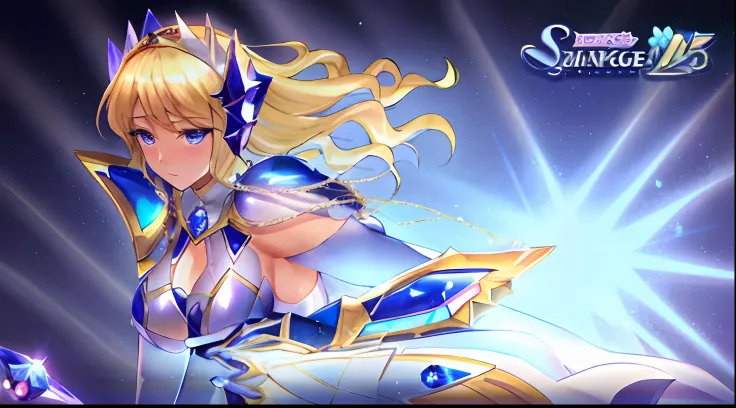 a close up of a woman in a costume with a sword, a blonde girl, portrait knights of zodiac girl, In shining sapphire armor, seductive princess knight, knights of zodiac girl, Dressed in light armor, oppai, huge tit, with large breasts, Dress Armor Girl, Pr...