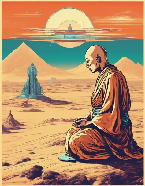 A Buddhist monk praying in desert,  mountains