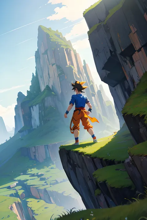 GOKU, green planet, walking, perspective, cliffs in the background