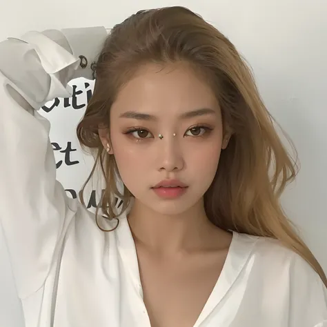 um close up de uma mulher com uma camisa branca e uma camisa branca, jennie blackpink, Parque Roseanne do Blackpink, jossi do blackpink, Retrato de Jossi de Blackpink, Lalisa Manobal, a young asian woman, Yanjun Chengt, Ilya Kuvshinov com cabelo longo, lin...