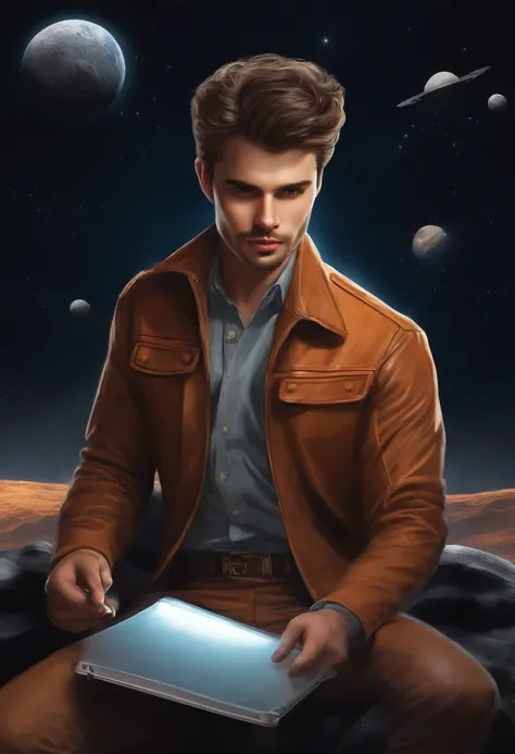 Draw a young programmer, Sit on a research platform floating in the middle of the asteroid belt. He was studying with a notebook, It is surrounded by several asteroids that emit fiery rings. Dramatic lighting from distant stars and planets illuminates the ...