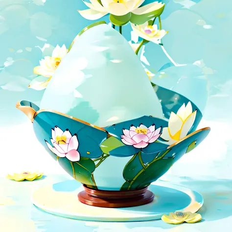 cartoony，ceramics，adolable，cyan colors，ancient wind，lotus flower