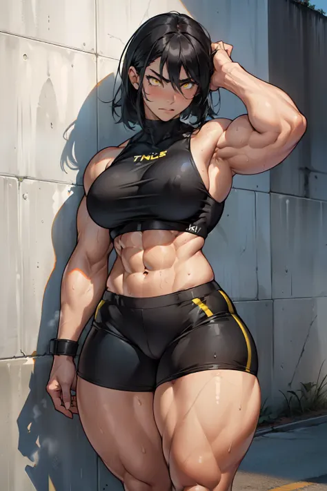 ((((((1girl)))))) (((((muscular))))) ((thick thighs large breasts)) black hair yellow eyes solo angry pale skin sweaty concrete wall