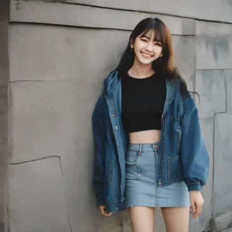 photo of a japanese girl, 16 years old, black hoodie, denim mini skirt, smile