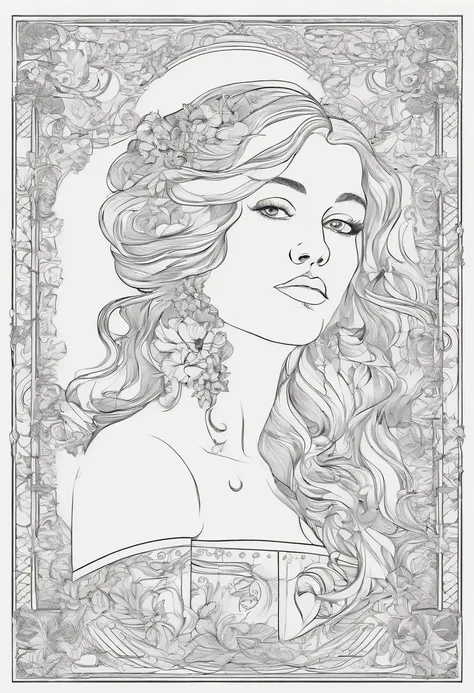 European womens face portrait, long curly hair, blonde, floral frame, decorative panel, abstract
Art by Alphonse Mucha, sketch, character lines and scenes without colors and shadows.
(Masterpiece, Best Quality, Highres:1.4), Detailed, Intricate Details, 4K...