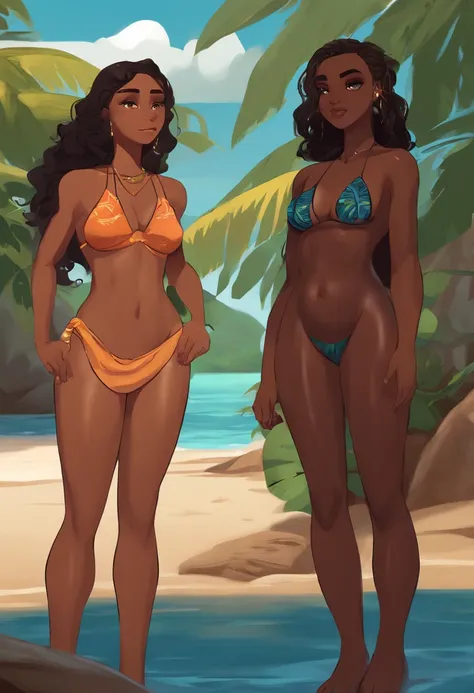 3 girls, teen, stand in a row, slender, (plump), [[half-nude]], dark skin, suntan, (((flaccid))), polynesian island, (emotionless), anime,