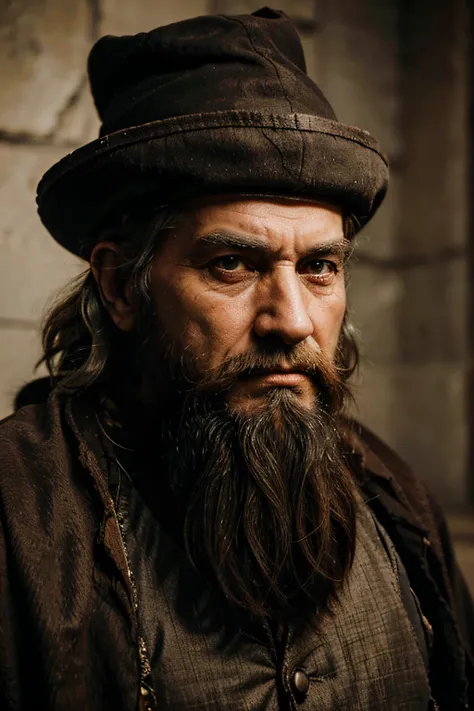 Wise old man from ancient times, looking like a wizard with a realistic face with details, a large beard and a penetrating and mysterious look.