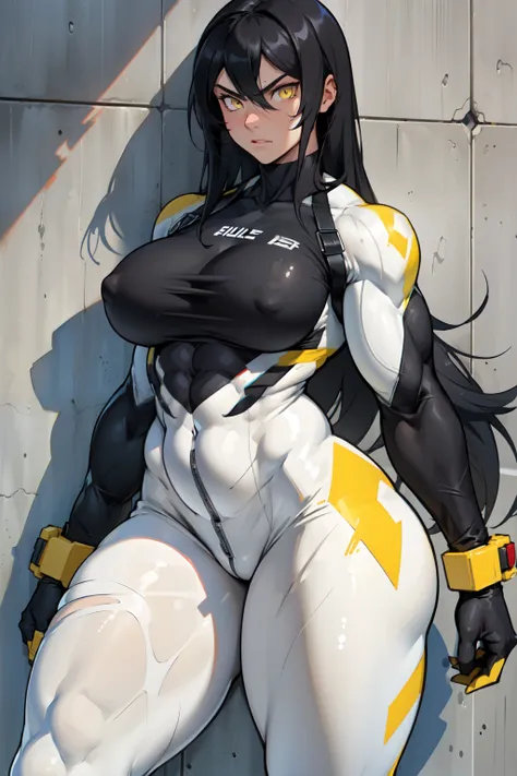 ((((((1girl)))))) (((((muscular))))) ((thick thighs huge breasts)) black hair yellow eyes solo angry pale skin sweaty concrete wall very long hair bodysuit