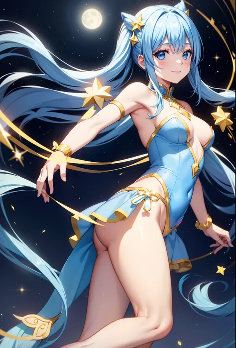 Super Idol　A charming smile、Blue Long Hair、Twin-tailed、Engaging pose、Yellow and white leotard costume、Crystal jade、constellation、a moon、Fantastic background、