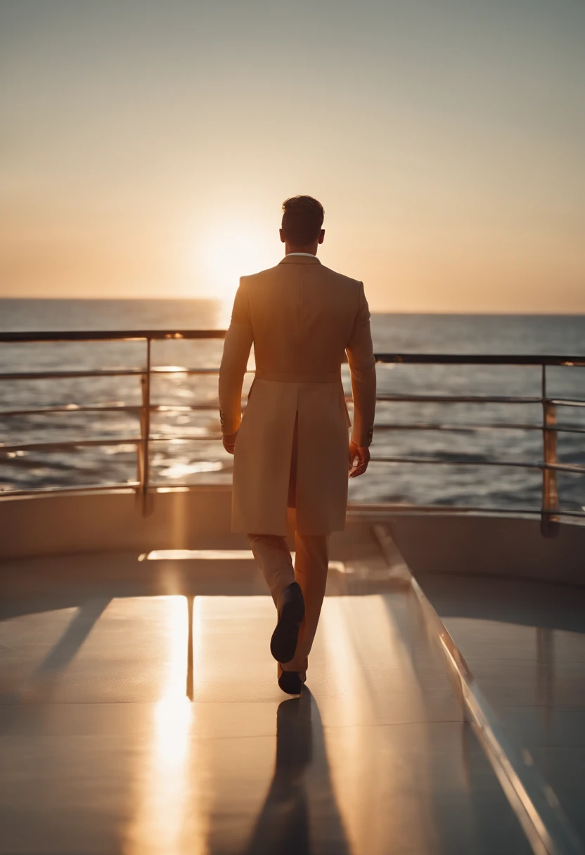 Generate a description of a futuristic scene where a male model is parading on a floating catwalk that stretches towards the horizon over the sea. The catwalk is surrounded by a large excited audience, while the scenery is bathed in a soft light of the sun...