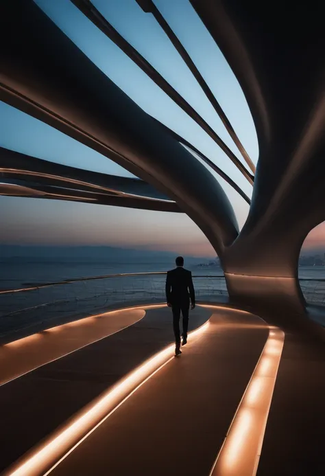 Generate a high-resolution image in landscape format that depicts a futuristic scene where a male model, com altura de 1,80 meters and wearing a lightweight, aerodynamic carbon fiber suit, is parading on a floating catwalk made of composite material, com 1...