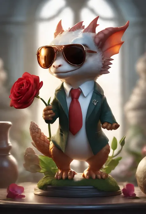 Perfect alignment, Cute little dragon in jacket，crystal vases，Rose flower, Wearing sunglasses, cheerfulness, Standing position, Abstract beauty, Centered, Looking at the camera, Facing the camera, nearing perfection, Dynamic, Highly detailed, smooth, Sharp...