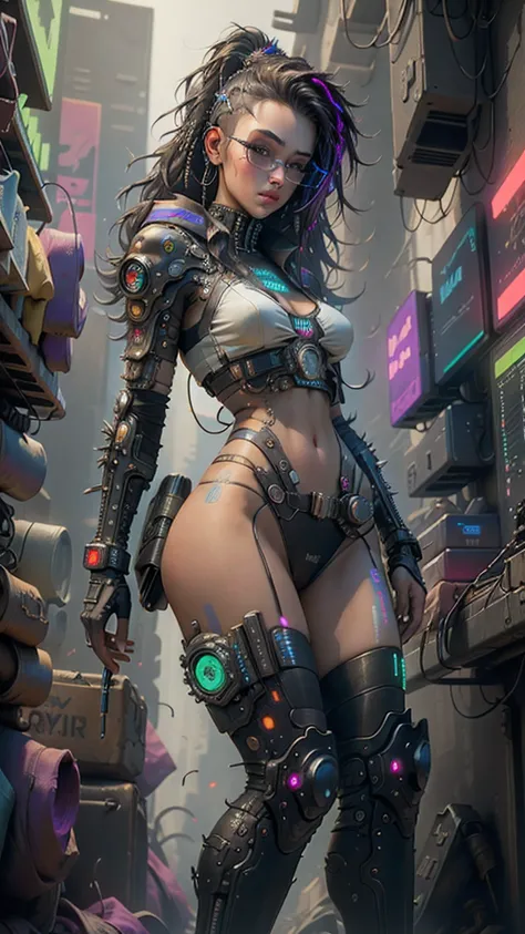 ((Best quality)), ((masterpiece)), (highly detailed:1.3), 3D, beautiful (cyberpunk:1.3) hacker woman with thick voluminous hair operating a computer terminal