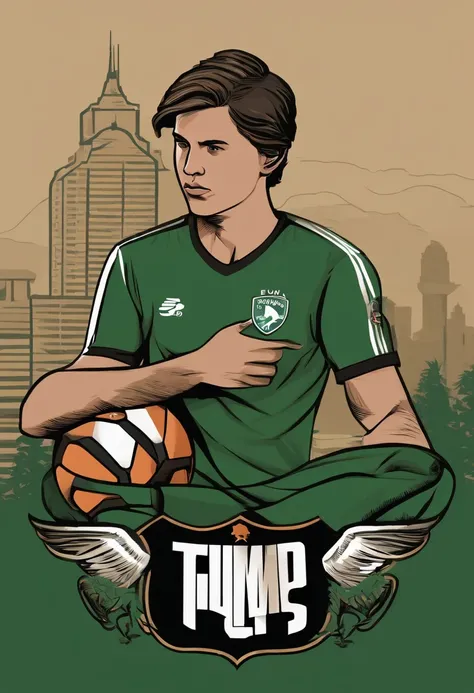 Create a realistic visual representation of the fictional character Ellie from the PlayStation game The Last Of Us, mantendo o mesmo visual fiel ao jogo. A personagem deve estar vestindo uma camisa verde escura de time de futebol da marca Puma. The shirt m...