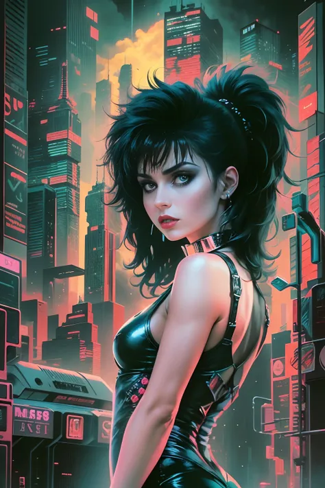 80s, 1girl, goth, siouxsie, michelle pffifer, cyberpunk, futuristic city background, 80s movie poster art style,